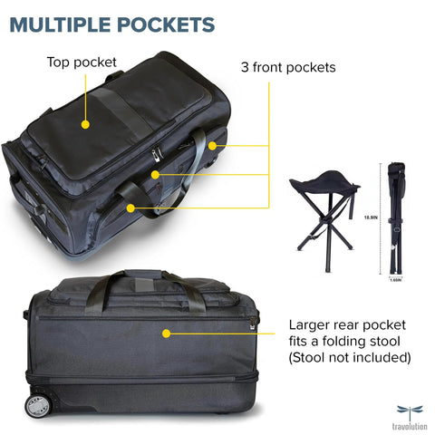 Black and gray dance competition travel bag with multiple pockets and rolling wheels, featuring a large rear pocket for a stool.