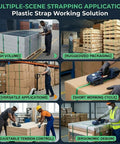 Fengxcxy Handheld Electric PET Strapping Machine With Adjustable Tension For PP PE Plastic Bands Lightweight Portable Tool in use at a warehouse.