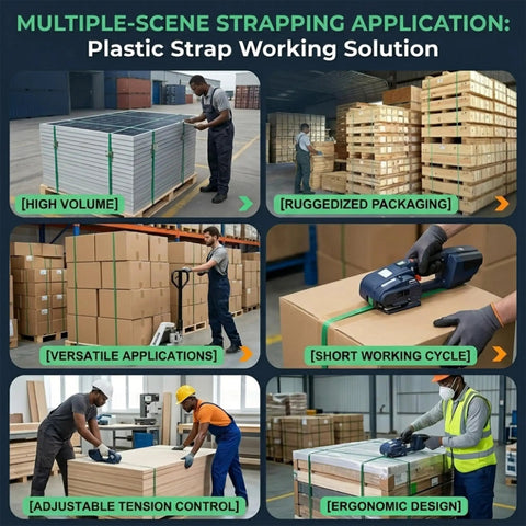 Fengxcxy Handheld Electric PET Strapping Machine With Adjustable Tension For PP PE Plastic Bands Lightweight Portable Tool in use at a warehouse.