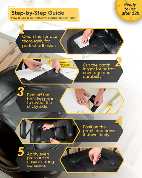 Step-by-step guide to using Large Self Adhesive Leather Repair Patch 16 By 59 Inches PVC Faux Leather Tape on a leather surface.