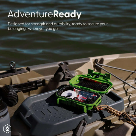 Badass Mil Spec Waterproof Dry Box Case For Cameras Camping And Survival Gear IP67 Crushproof Floating Design USA Made, Green case open with gear inside on kayak.