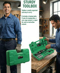 10 Ton Hydraulic Wire Rope Crimping Tool Featuring Eleven Die Sets For Double Barrel Sleeves And Stainless Steel Cable Railing Terminals presented in a sturdy green toolbox.