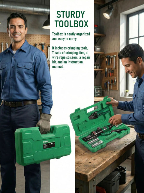 10 Ton Hydraulic Wire Rope Crimping Tool Featuring Eleven Die Sets For Double Barrel Sleeves And Stainless Steel Cable Railing Terminals presented in a sturdy green toolbox.