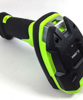 Heavy Duty Corded 1D Barcode Scanner With USB Cable Built Like A Tank For Warehouse Logistics Standard Range Linear Imager In Industrial Green side view with textured grip