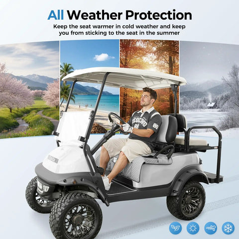 Ride Ready Golf Cart Seat Cover Towel Blanket With Armrest Strap And Pockets Universal Front Seats Fit For Club Car EZGO Yamaha And More All Season Protection Gray on a parked golf cart in scenic background.