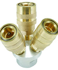 Air Hose For Pneumatic Tools 3-Way Quick Coupling Manifold Brass Connector Fitting 150 Psi Max 1/4 In NPT With 3/8 Inlet For Home Garage Or Professional Shop