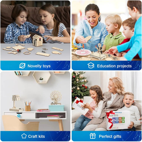 Children building projects from Six In One STEM Toys Kit For Kids Aged Eight To Twelve With 3D Wooden Puzzles