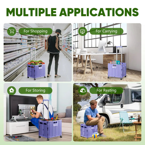 Beast Folding Utility Cart With Lid 65L Capacity Portable Rolling Cart used for shopping, carrying, storing, and resting in various settings.