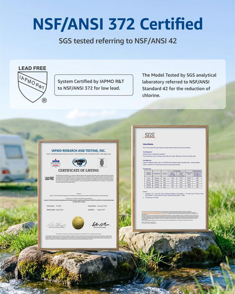 NSF Certified documents for Top Shelf NSF Certified RV Inline Water Filter For Campers And Garden Hoses to eliminate chlorine.