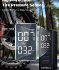 Portable Tire Inflator Air Compressor With 5200mAh Battery And 150 PSI Quick Inflate shown with LED dual display near a bike tire