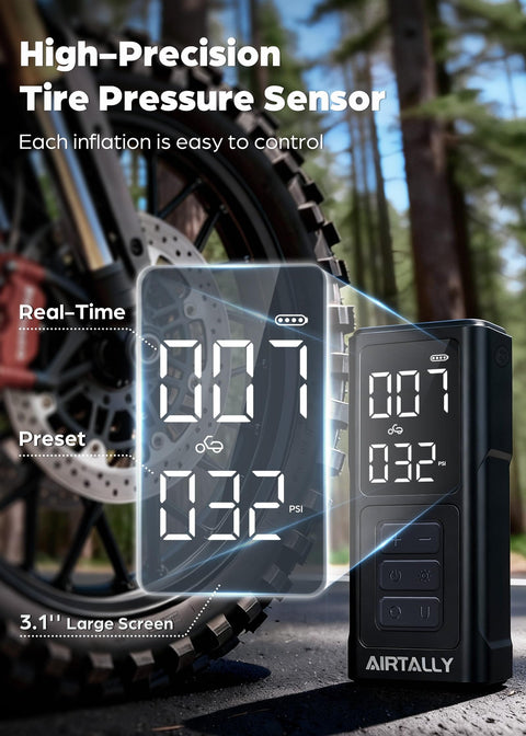 Portable Tire Inflator Air Compressor With 5200mAh Battery And 150 PSI Quick Inflate shown with LED dual display near a bike tire