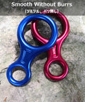 Blue and red 35 kN Figure 8 Descender Rigging Plate for Rappelling Belaying and Tree Climbing, heavy-duty aluminum alloy.
