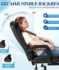 Woman reclining in Ergonomic Office Chair With Footrest For All Day Comfort High Back Leather Desk Chair With 90 To 135 Degree Recline
