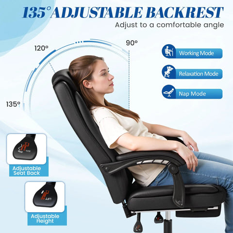 Woman reclining in Ergonomic Office Chair With Footrest For All Day Comfort High Back Leather Desk Chair With 90 To 135 Degree Recline