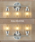 Modern 3-Light Vanity Fixture With Clear Ribbed Glass Shades In Nickel Finish For Bathroom, dual mounting options shown