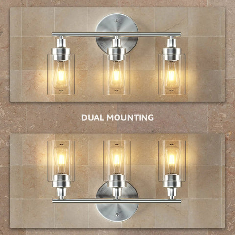 Modern 3-Light Vanity Fixture With Clear Ribbed Glass Shades In Nickel Finish For Bathroom, dual mounting options shown