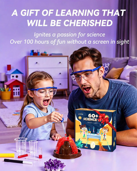 Child and adult using Over Sixty Hands On Science Kit For Kids Eight Plus, A Fun STEM Educational Gift with science experiment set.