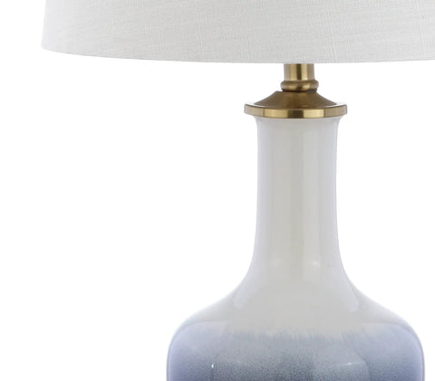 Gradient 25 Inch Ceramic And Brass LED Table Lamp with white shade, featuring navy to white glaze and brass details