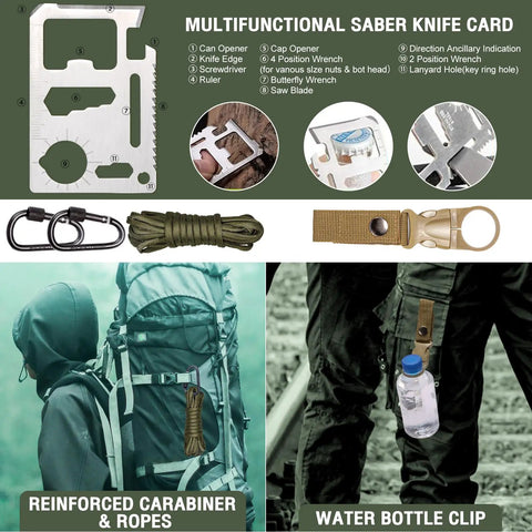 20 In 1 Adventure Survival Kit For Camping And Hiking With Dope Wilderness Gear And Disaster Prep For Men Dads Husbands Boyfriends Teens And Brothers Gift For Him multifunctional card with carabiners and ropes