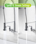 Dual Handle Commercial Style Wall Mount Kitchen Faucet With Pull Down Nozzle Chrome High Arc Spout 1.8 GPM Flow Spray And Stream Settings