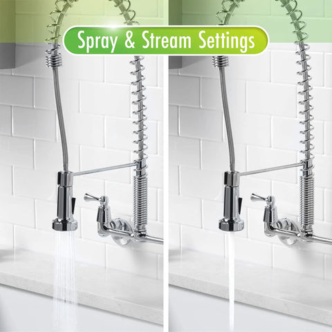 Dual Handle Commercial Style Wall Mount Kitchen Faucet With Pull Down Nozzle Chrome High Arc Spout 1.8 GPM Flow Spray And Stream Settings