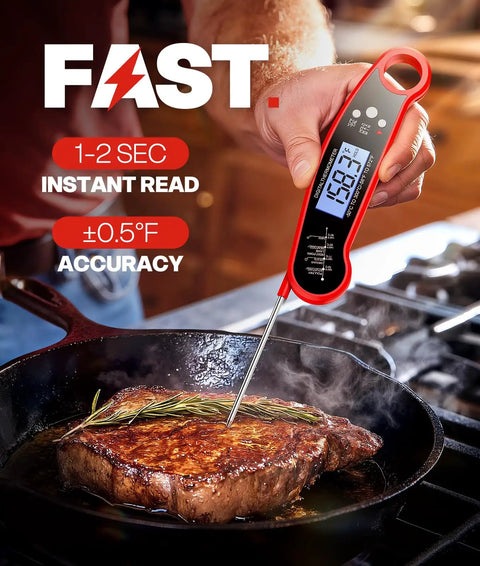 Person using a digital meat thermometer with instant read for grilling and BBQ ultra fast 2 to 3 second temperature check on steak.