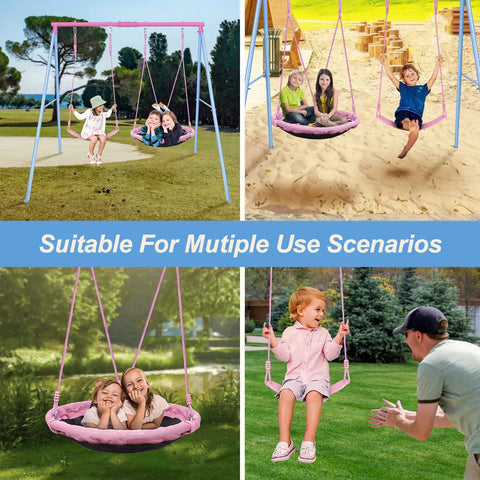 Heavy Duty A Frame Swing Set For Backyard With 440 Lb Capacity 32 Inch Saucer Swing And Belt Swing Seat Metal Outdoor Swing Stand In Pink For Kids And Adults shown in various use scenarios.