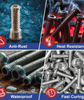 Thread locker concept image with bolts and screws; highlights anti-rust and heat resistance.