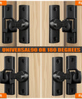 Heavy Duty Dual Angle Barn Door Lock With 90 And 180 Degree Install Easy To Mount Small Door Latch For Privacy And Security Zinc Alloy Anti Rust Gate Latch For Barn Door Sliding Door Cabinet Bathroom Window Hardware Black installed on wood surface