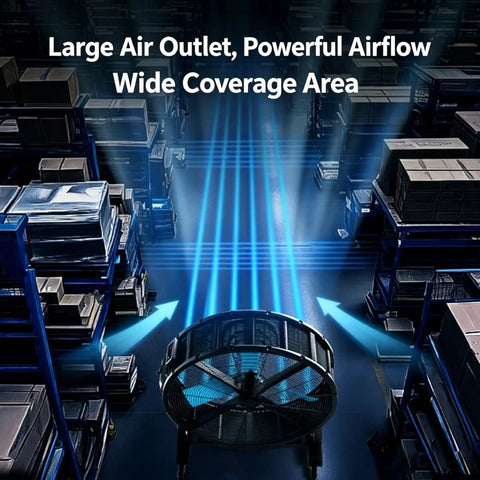 Rock Solid Heavy Duty Mobile Industrial Floor Fan Blasting Maximum High Velocity Air With Truly Whisper Quiet Brushless Motor in warehouse.