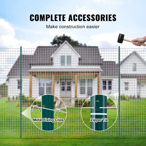 Illustration of Beefy 7 Feet U Channel Fence Post Set 10 Pack With 50 Zip Ties And 20 Clips installed, with accessories shown.