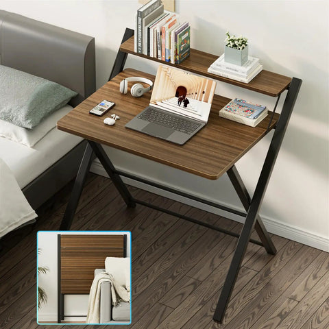No Assembly Folding Desk With Two Tier Shelf For Home Office Dorm Or Apartment Go To Workstation Space Saving Portable Laptop And Computer Desk Quick Setup Collapsible Table Espresso Finish with open laptop and books
