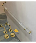 Clear Acrylic Railing Panels With Heavy Duty Silver Brackets Cut To Length From Half Meter On Up For Patios And Stairs Built Tough No Sweat Diy Assembly on staircase with gold mounts.