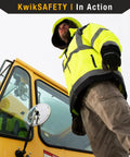 Hi Viz Reflective Safety Jacket For Work ANSI OSHA Class 3 Water Resistant Gear Limited Edition Pattern Yellow Large worn by worker on construction vehicle