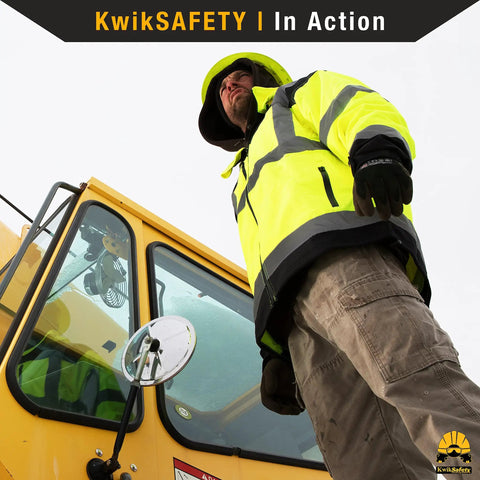 Hi Viz Reflective Safety Jacket For Work ANSI OSHA Class 3 Water Resistant Gear Limited Edition Pattern Yellow Large worn by worker on construction vehicle