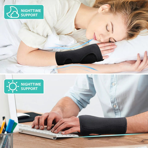 Copper Infused Adjustable Wrist Support Splint For Carpal Tunnel Relief Fits Both Hands, shown in use during sleep and work.