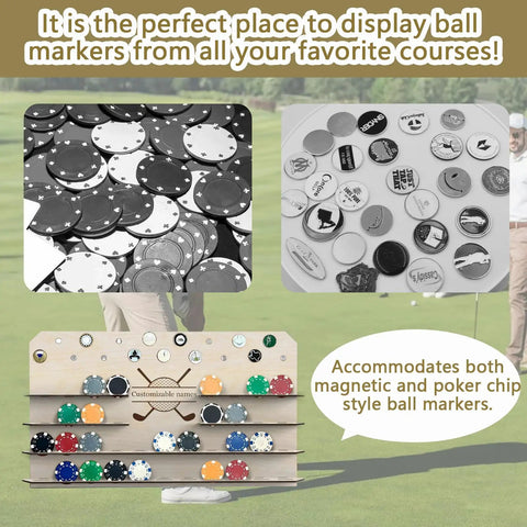 Customizable Wood Golf Ball Marker Display Case with wall mount showing 55 markers displayed on wooden shelves.