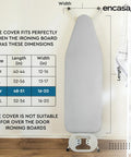 Pro-Grade Ironing Board Cover And Pad 49 By 18 Inches with size chart, heat reflective metallized silver surface, wall-mounted.