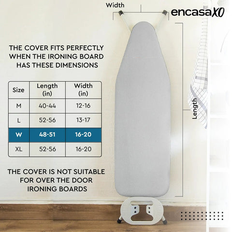 Pro-Grade Ironing Board Cover And Pad 49 By 18 Inches with size chart, heat reflective metallized silver surface, wall-mounted.