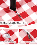 Close-up of red and white gingham round 60 inch outdoor tablecloth with umbrella hole and zipper, spill proof and washable