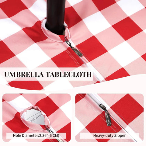 Close-up of red and white gingham round 60 inch outdoor tablecloth with umbrella hole and zipper, spill proof and washable