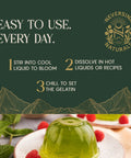 Grass Fed Unflavored Gelatin Powder For Everyday Cooking and Baking, 11g Protein, Easy steps with gelled dessert and raspberry garnish.