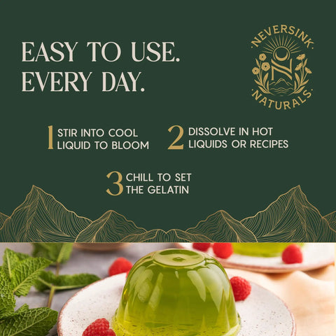 Grass Fed Unflavored Gelatin Powder For Everyday Cooking and Baking, 11g Protein, Easy steps with gelled dessert and raspberry garnish.
