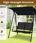 Two Person Outdoor Swing With Adjustable Canopy Cozy Patio Loveseat Swing With Heavy Duty Metal Frame displayed on lawn