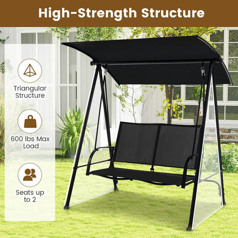 Two Person Outdoor Swing With Adjustable Canopy Cozy Patio Loveseat Swing With Heavy Duty Metal Frame displayed on lawn