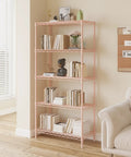 Professional Heavy Haul Five Tier Adjustable Wire Shelving Rack With Beefy Carbon Steel Frame And Drop In Leveling Feet For Kitchen Garage Pantry Setup Pink with books and decor in a room.