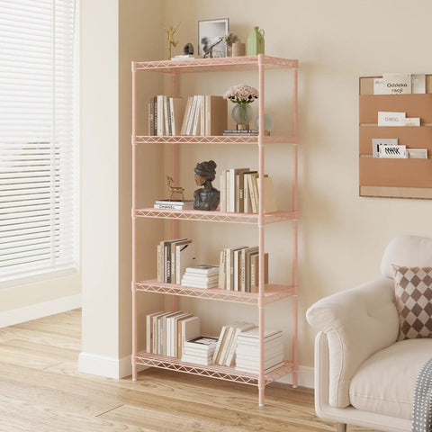 Professional Heavy Haul Five Tier Adjustable Wire Shelving Rack With Beefy Carbon Steel Frame And Drop In Leveling Feet For Kitchen Garage Pantry Setup Pink with books and decor in a room.