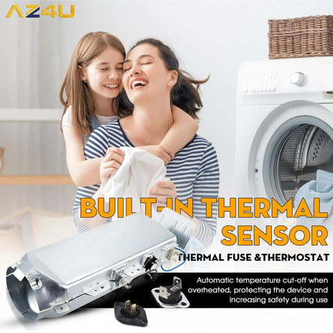 Mother and daughter near dryer with Dryer Heating Element Assembly Replacement Kit For Samsung Dryers With Housing Duct Upper Limit Thermostat And Thermal Fuse.
