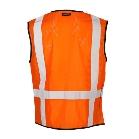 Men's High Visibility Reflective Safety Vest With Black Bottom Mesh, Ansi 107 Type R Class 2 Cert, Zipper Front, Orange Roadwork And Utility Gear, Solid Mesh Build Slays Stains And Keeps You Fresh, back view showing reflective stripes.