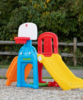Colorful kids indoor outdoor playset with slide, climbing wall, basketball hoop for toddlers aged 2 to 6 years old backyard playground